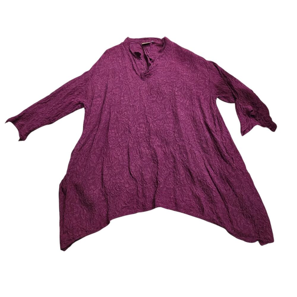 URU Venice Silk Tunic XL Flower Embossed Art-to-Wear Maroon Lagenlook Pockets